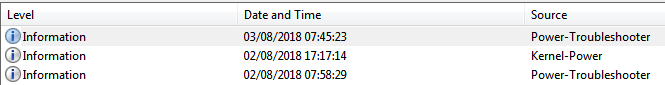 Windows Event viewer showing custom filter of log-on and off times